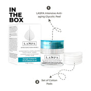 Image showing the content of the LASPA Intensive Glycolic Peel (10%) 10% Overnight Treatment kit: Intensive Anti-aging glycolic peel and cotton pads. 