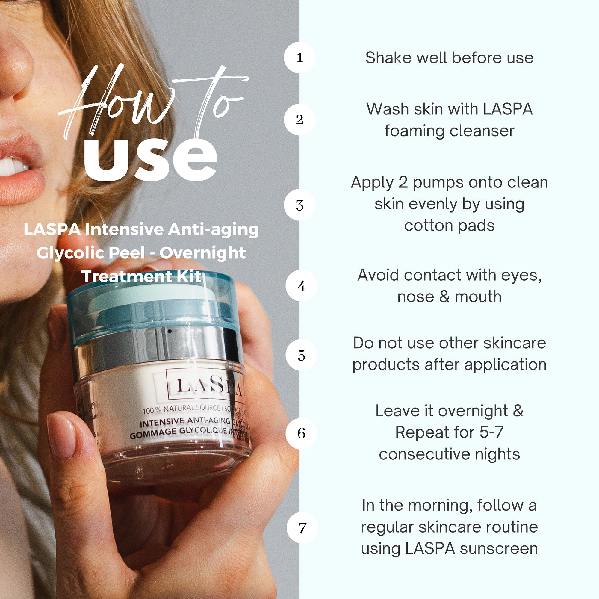 Graphic outlining how to use The LASPA Intensive Anti-aging Glycolic peel overnight treatment kit. 