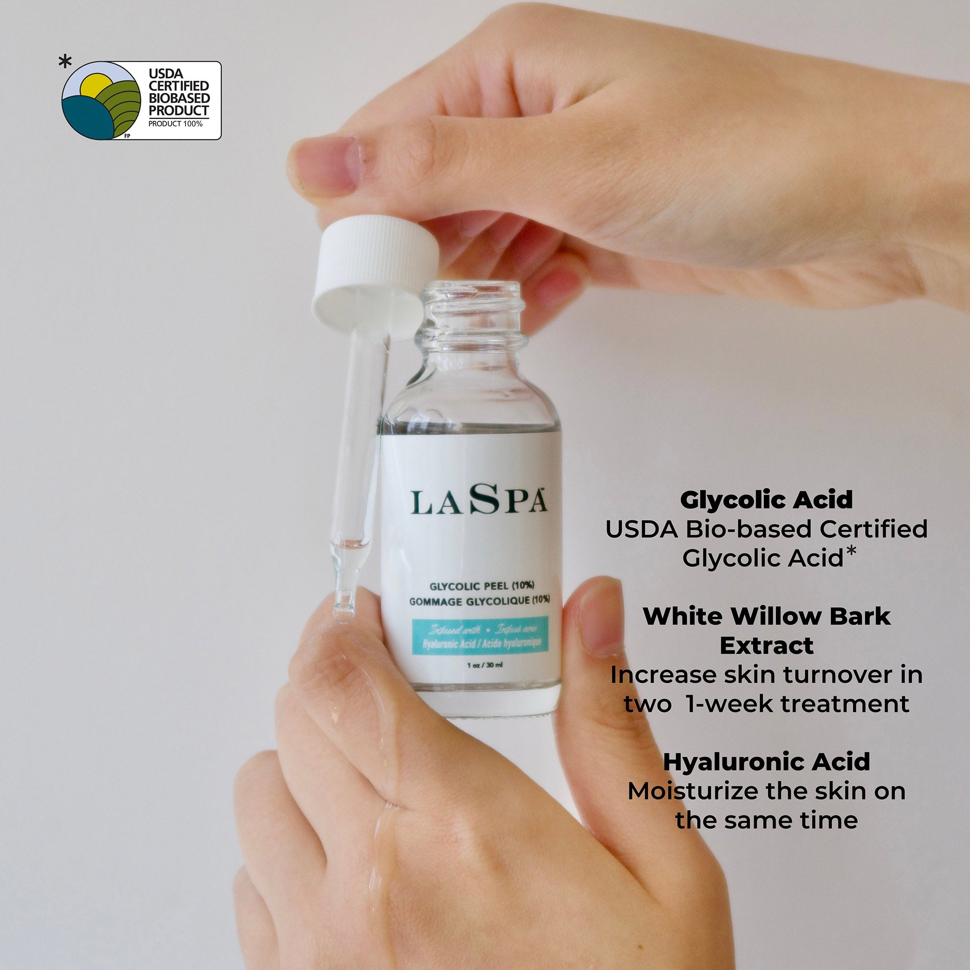 Image of woman's hands with LASPA Glycolic Peel (10%) and the text: Glycolic Acid (USDA bio-based certified glycolic acid), White willow bark extract (increase skin turnover in two 1-week treatments), Hyaluronic Acid (Moisturize the skin at the same time)