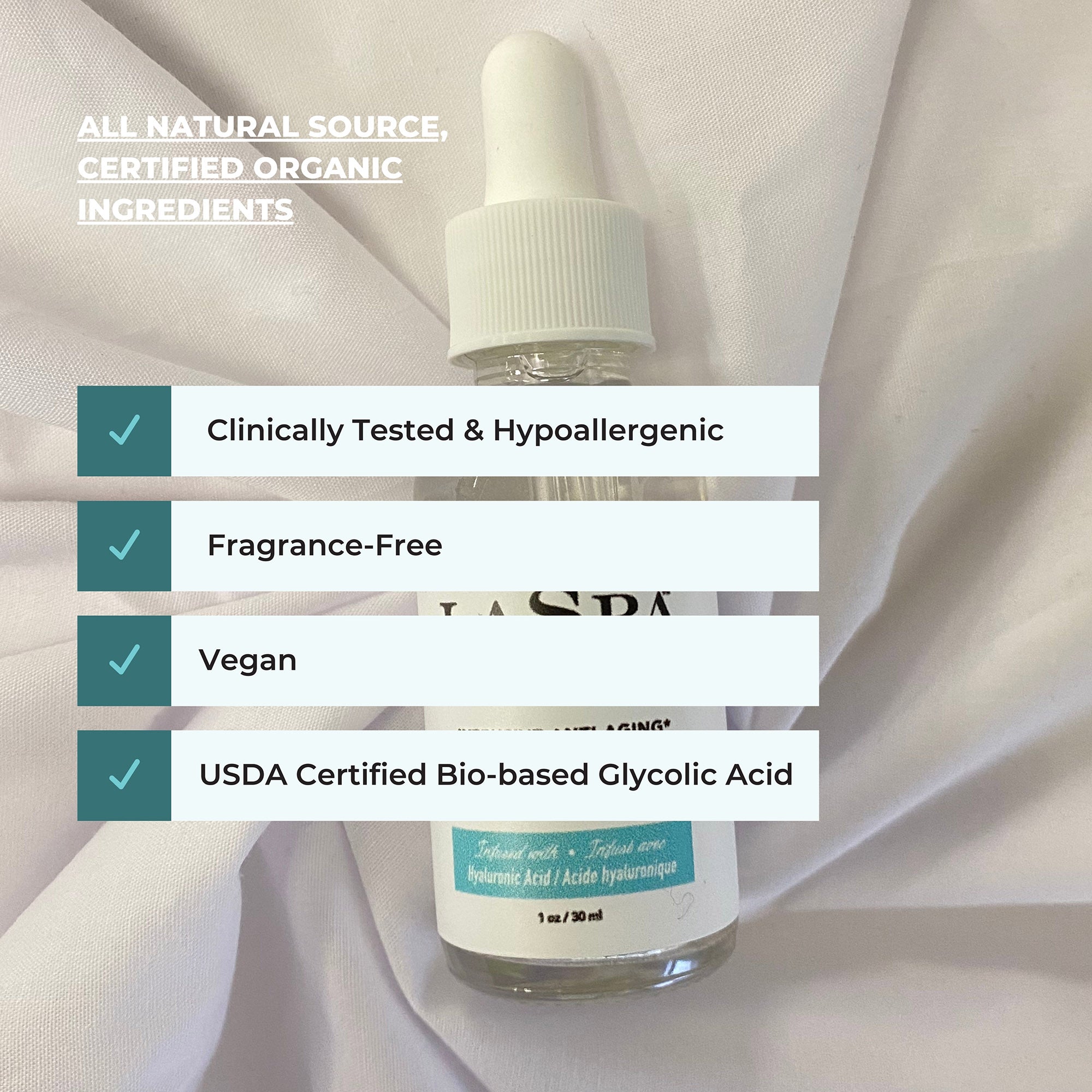 Bottle of LASPA Glycolic Peel (10%) with the following text: All Natural Source, Certified organic ingredients. Clinically tested & hypoallergenic, fragrance-free, vegan, USDA certified bio-based glycolic acid