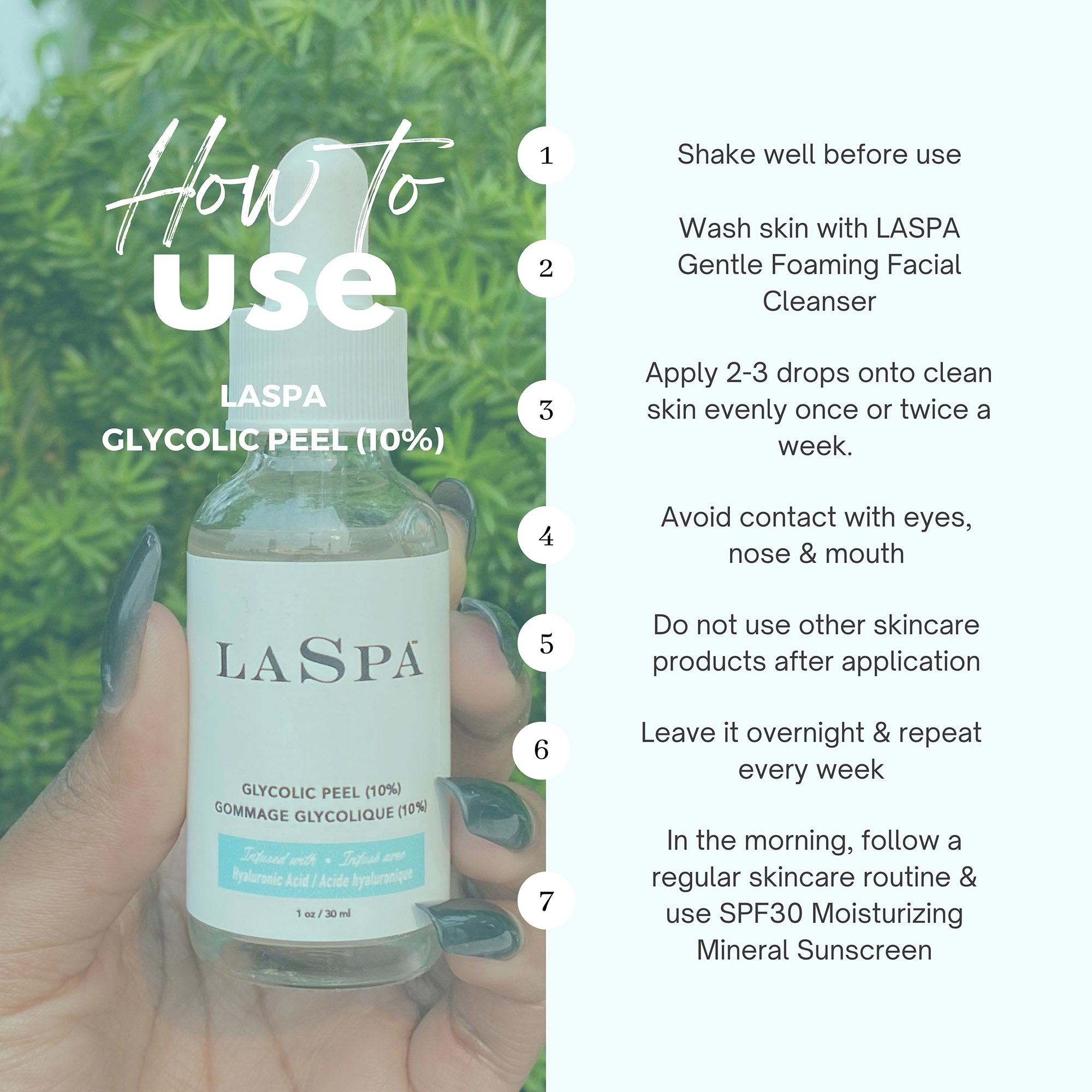 Image of LASPA Glycolic Peel (10%) with text about "How to use LASPA glycolic peel (10%)