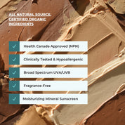 Image of different tings of LASPA Tinted Matte Sunscreen with text on top. Text reads: All natural source, certified organic ingredients. Health Canada Approved (NPH), clinically tested & hypoallergenic, broad spectrum UVA/UVB, fragrance-free, moisturizing mineral sunscreen. 