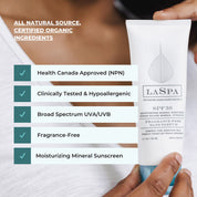 Text on top of image of woman holding tube of LASPA Moisturizing Mineral Sunscreen SPF 30. All Natural source, certified organic ingredients. Health Canada approved, clinically tested & hypoallergenic, broad spectrum UVA/UVB, fragrance-free, moisturizing mineral sunscreen