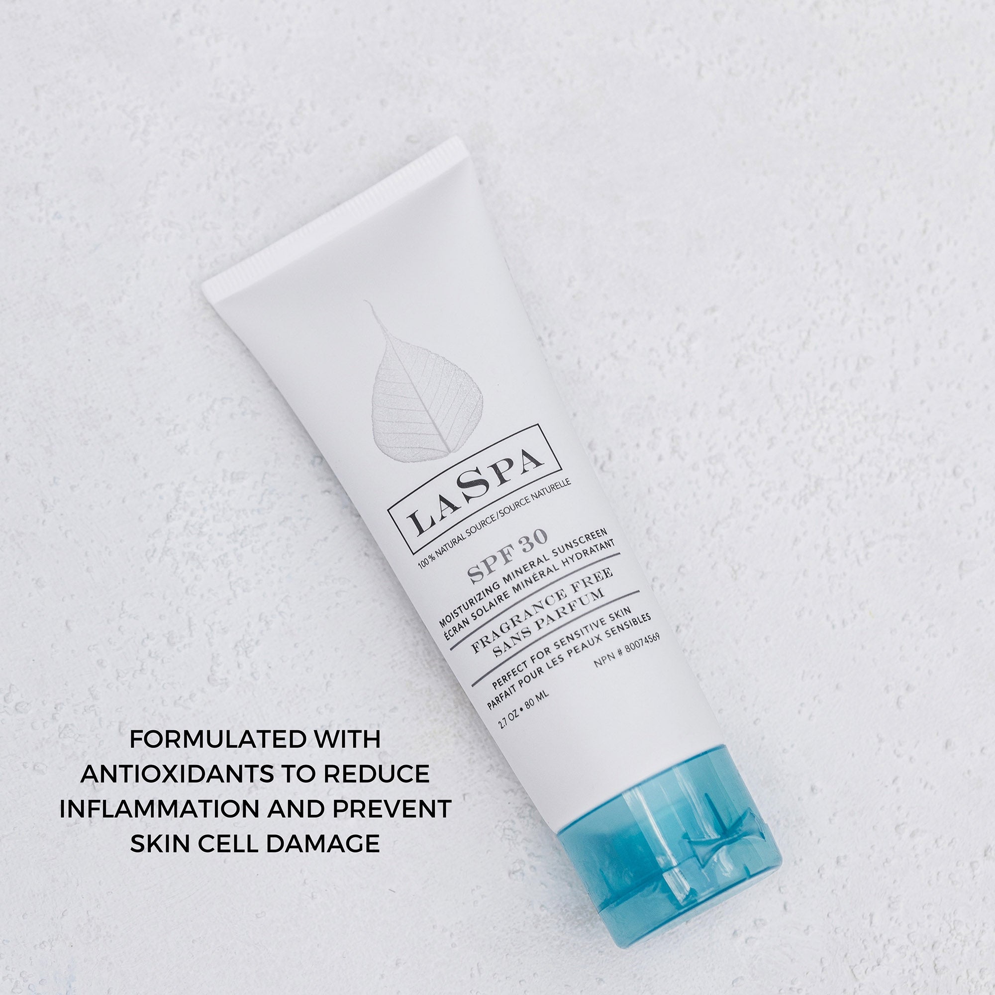 Tube of LASPA Moisturizing Mineral Sunscreen SPF 30 with text "Formulated with antioxidants to reduce inflammation and prevent skin cell damage"