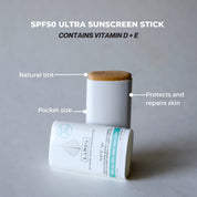 Image of LASPA SPF50 Ultra Sunscreen Stick with text SPF50 Ultra Sunscreen Stick contains vitamin D + E. Natural tint, pocket size, protects and repairs skin. 