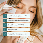 Image of woman applying sunscreen with text on top. Text reads: All natural source, certified organic ingredients. Health Canada approved (NPH), clinically tested & hypoallergenic, broad spectrum UVA/UVB, fragrance-free, moisturizing mineral sunscreen. 