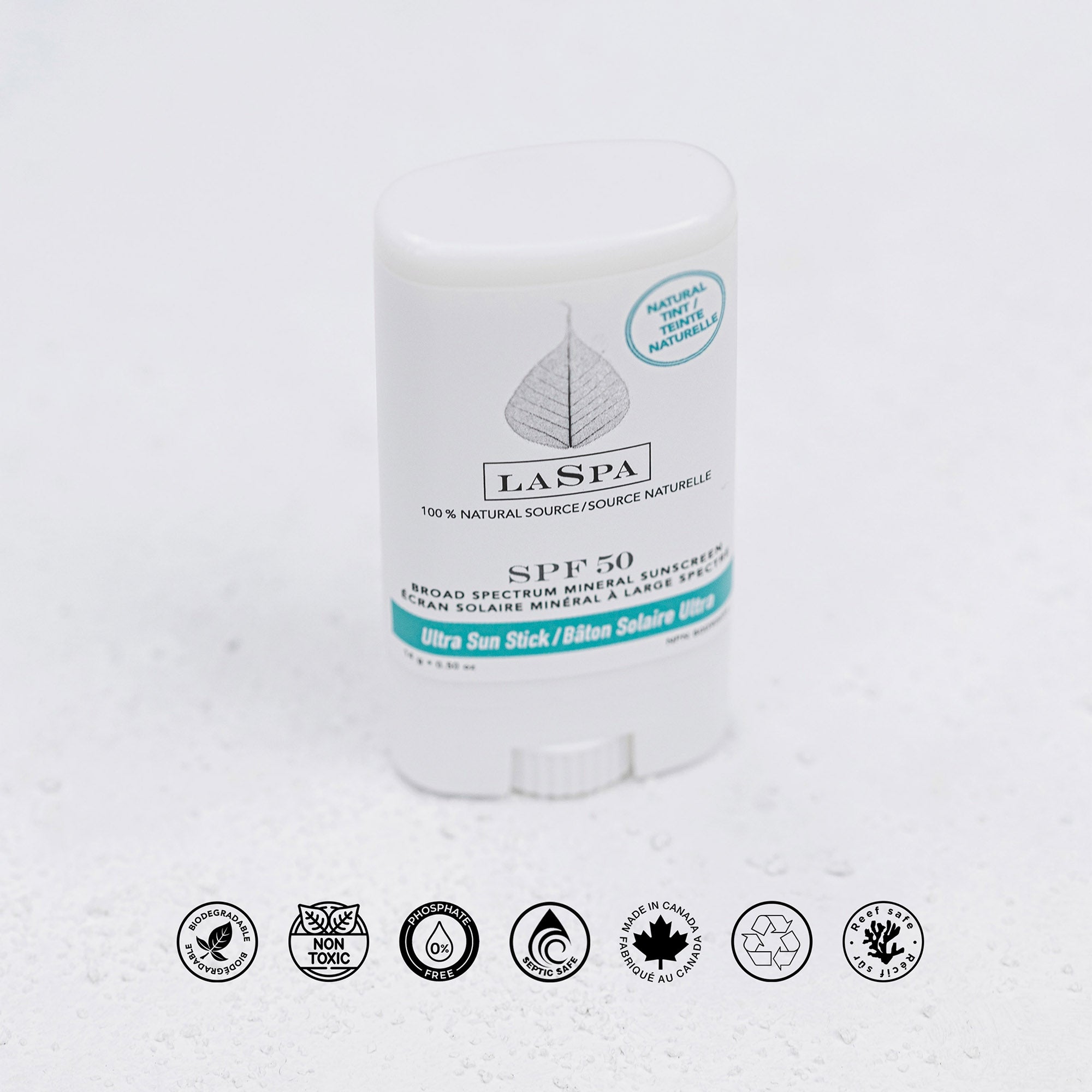 LASPA SPF50 Ultra Sunscreen Stick with LASPA icons (biodegradable, non-toxic, phosphate free, septic safe, recyclable, reef safe, Made in Canada). 