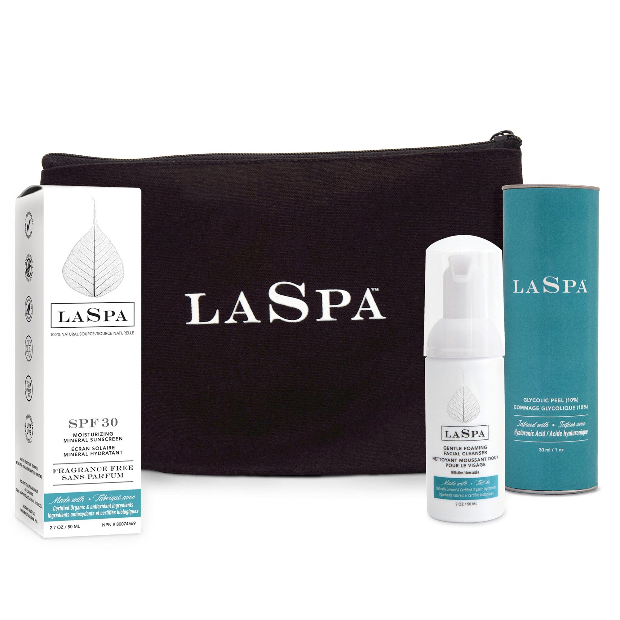 LASPA Skincare Travel Set with Mineral Sunscreen, Foaming Facial Cleanser, Glycolic Peel (10%) with black LASPA makeup bag. 