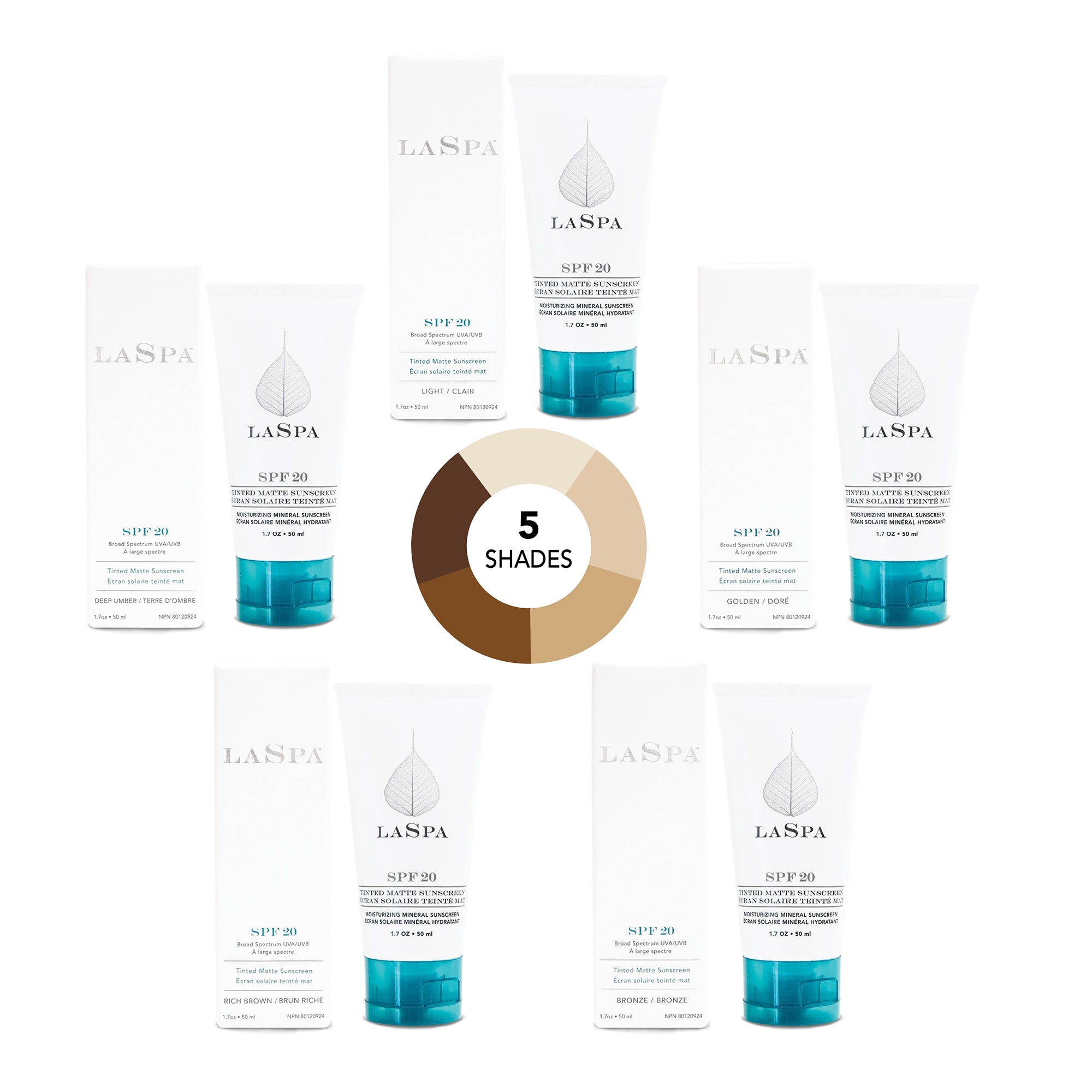 Five different shades of LASPA Tinted Matte Sunscreen. 