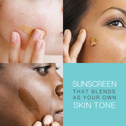 3 images of women applying tinted sunscreen to their faces. Text reads: Sunscreen that blends as your own skin tone. 